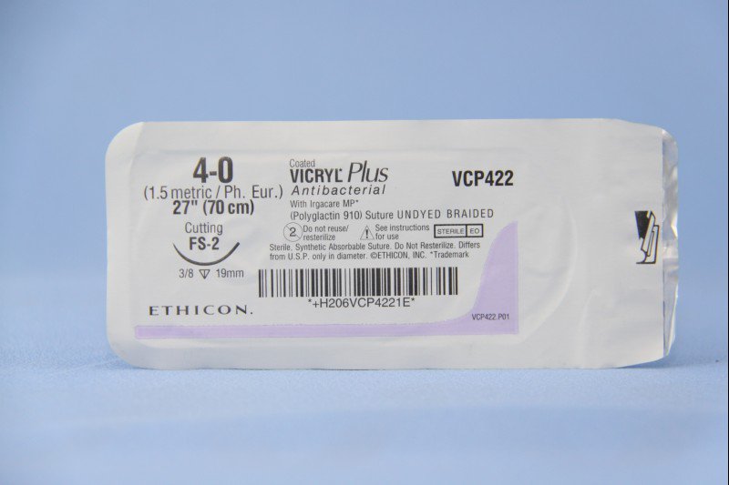 Suture with Needle Absorbable Antibacterial Coated Vicryl™ Plus Polyglactin 910 with Irgacare MP Antibacterial Suture FS-2 3/8 Circle Reverse Cutting Needle Size 4 - 0 Braided by Ethicon - Suture  J & J Healthcare Systems  ID VCP422H